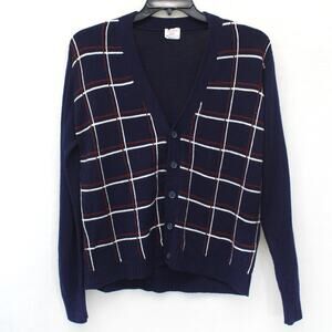 Arrow Men's Navy Sweater Cardigan Button Casual Wear Plaid Cozy Preppy Medium